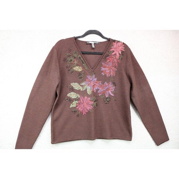 Company Ellen Tracy Long Sleeve V-Neck Embroidered Sweater-100% Wool-Size XL - Picture 1 of 12